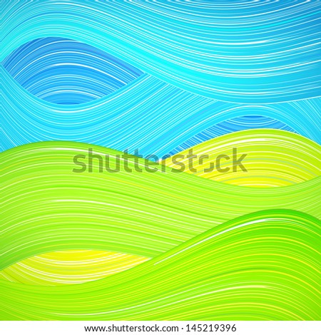 Green and blue wave background. Illustration for your bright natural design. Book cover. Ecological wallpaper. Set of excellent summer wave. Abstract presentation of sky and ground. Raster version.
