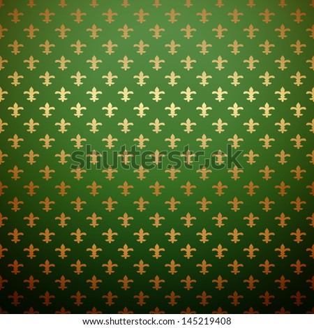 Excellent seamless green background. Illustration for your royal majestic design. Purple endless wallpaper with gold pattern. Magic cover for book, web page background. Raster version.