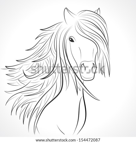 Sketch of horse head with flying mane on white background. Vector illustration for your animal background. Beautiful, thick and rich hair of horse.