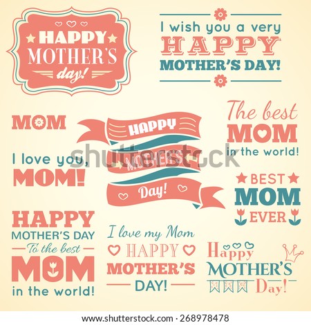 Happy Mothers day. Set of cute elements. Vector illustration for holiday design. Badges, logo, labels, signs and symbols. Retro style. Red, blue and yellow colors.