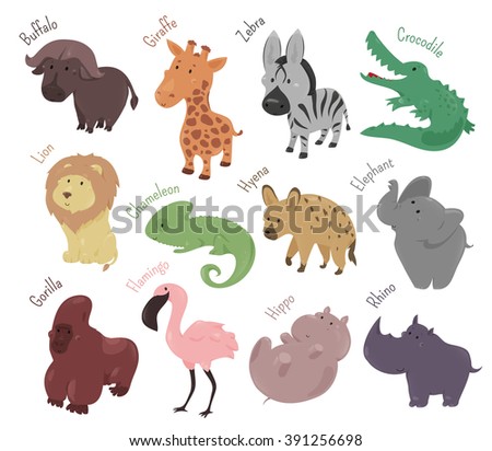 Set of cute cartoon animals. Funny animal. Savannah animal. Wild animal. Zoo animal. Vector animal. Animal illustration. Animal characters. Flat animal. Animal collection. Animal sticker Safari animal
