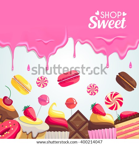 Sweet dessert food frame isolated on white background. Vector illustration  for menu design. Culinary wallpaper. Bright colorful template with frame  and border. Cute delicious collection. Pink color - Stock Image - Everypixel