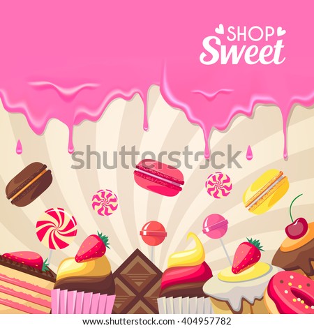 Sweet dessert food frame isolated on swirl background. Vector illustration for culinary design. Holiday birthday candy. Colorful delicious collection. Macaroon, berry, donut, cookies wallpaper.