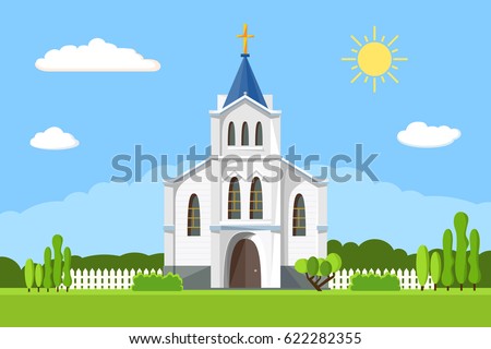 Church icon. Vector illustration for religion architecture design. Cartoon church building silhouette with cross, chapel, fence, trees. Flat summer landscape. Catholic holy traditional symbol.