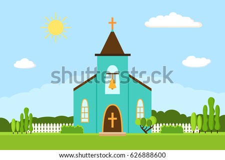 Church icon. Vector illustration for religion architecture design. Cartoon church building silhouette with cross, chapel, fence, trees, bell. Flat summer landscape. Catholic holy traditional symbol.