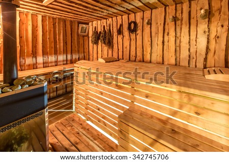 Large standard design classic wooden sauna interior.