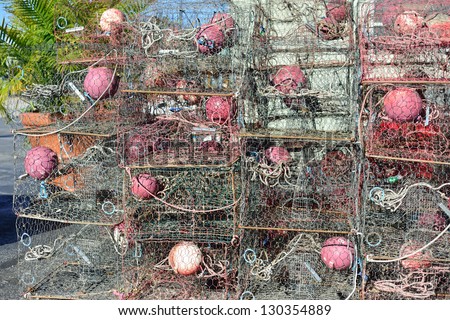 Crab traps stacked near bay in Florida.