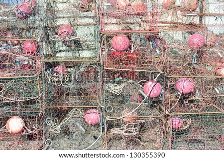 Crab traps stacked near bay in Florida. Would make a great seafood background image.