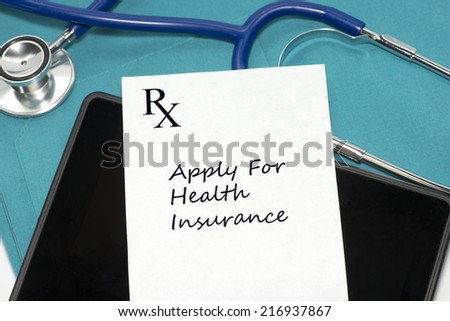 Prescription to apply for health insurance with personal computing device and stethoscope on scrubs.