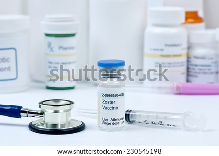 Shingles zoster vaccine with hypodermic needle.