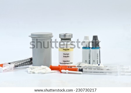 Diabetic testing strips, syringes, lancets, insulin and calibration solutions.