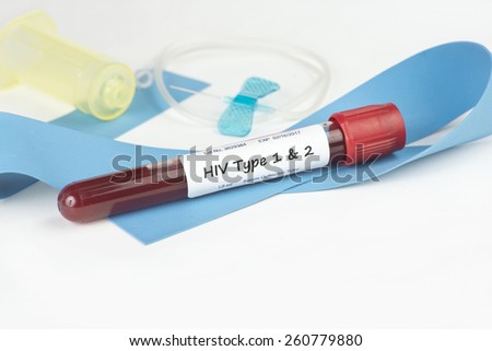 HIV type 1 and 2 blood collection tube with butterfly catheter and band.  Label is fictitious, serial numbers are random and bear no resemblance to any actual product.