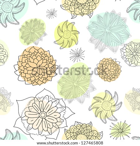 Floral seamless pattern: black flowers' outlines on white background with pastel colored blobs