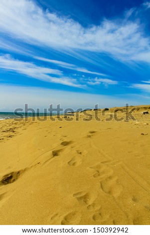 Issos beach with gold sand dunes in Corfu island, Greece