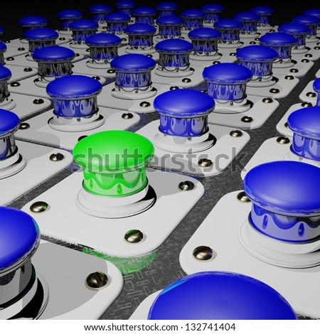 A Green push button among many blue ones