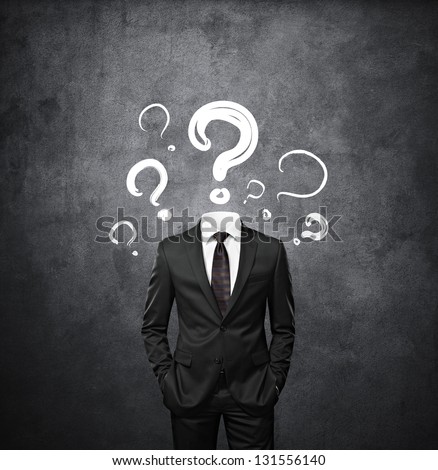 man standing without head with drawing question marks