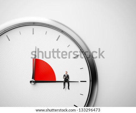 Clock and businessman sitting on minute hand with cup of coffee. Lunch time concept.
