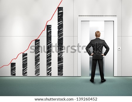 man near elevator and wall with drawing business diagram