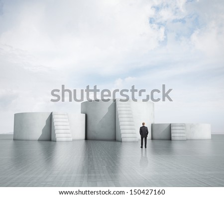 man looking at empty podium with stairs