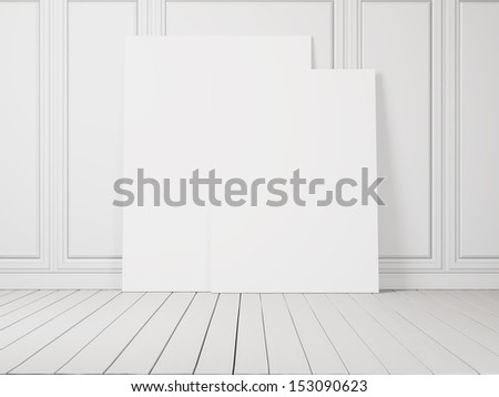 white room with two blank banners on the floor