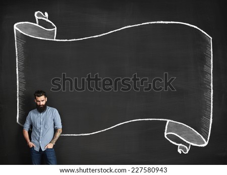Bearded man and chalkboard with drawing blank banner