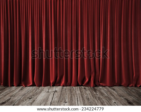 Red curtains and vintage wood floor