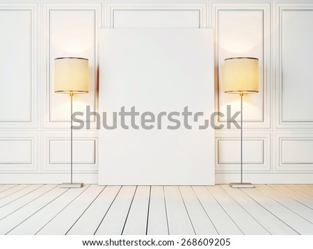 White canvas and two lamps in the white room. 3D rendering.