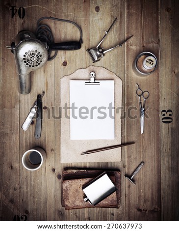 Set of vintage tools of barber shop and blank paper
