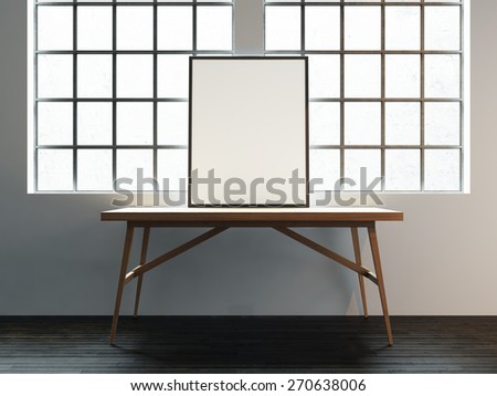 Canvas mockup on the table near the window in white loft. 3D rendering