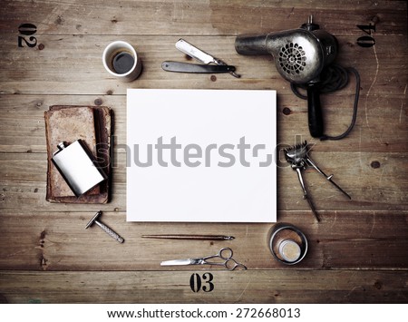 Set of vintage tools of barber shop and blank poster