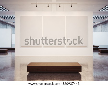 Mock up of empty gallery interior with brown bench. 3d render