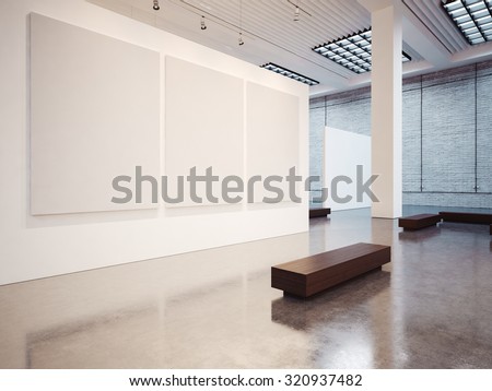 Mockup of empty gallery with bench. 3d render