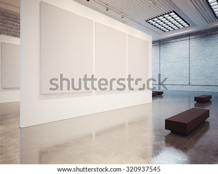 Mock up of gallery interior with white canvas and bricks. 3d render
