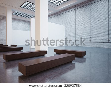 Mock up of gallery with white canvas and bench. 3d render