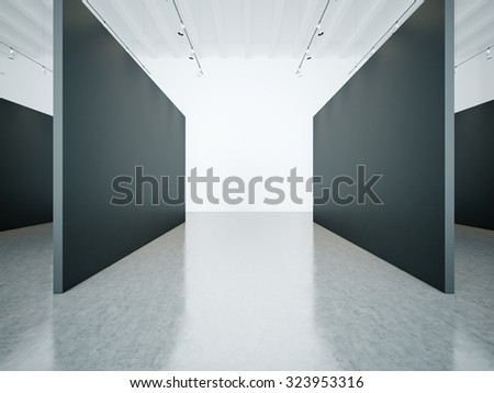 Empty gallery interior with black canvas. 3d render