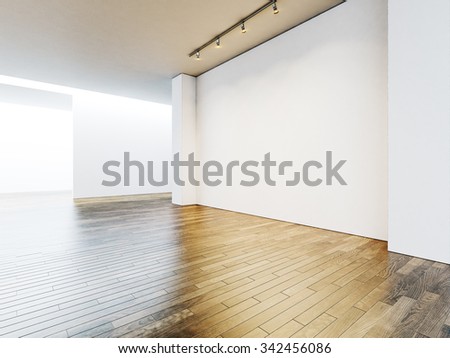White gallery interior with empty walls and wooden floor. 3d render