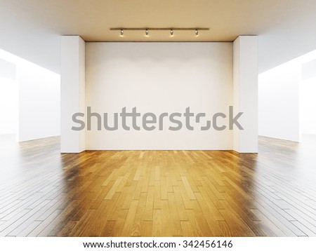View on the blank wall in gallery with wooden floor. 3d render