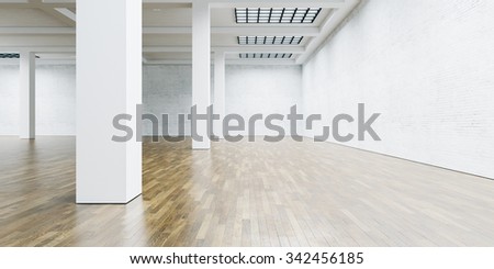 View on the blank wall and column in gallery with wooden floor. 3d render