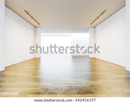 Empty gallery room with blank walls and wooden floor. 3d render