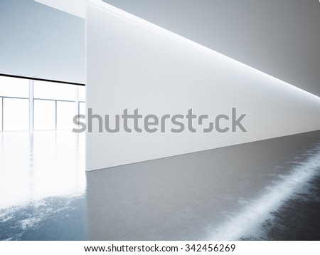Blank panoramic wall in museum interior with concrete floor. 3d render