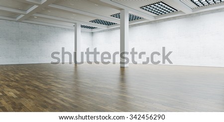 Empty expo gallery and columns in the center. Brick wall with wooden floor. 3d render