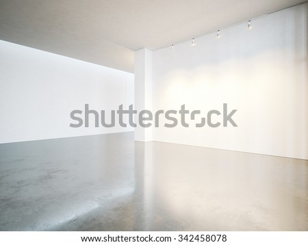 Empty gallery interior with white canvas and concrete floor. 3d render