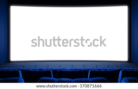 Movie theater with empty seats and big white screen. 3d render