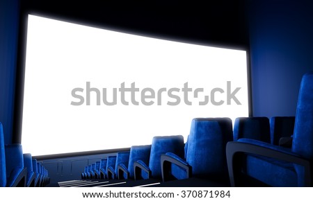 Empty cinema screen with blue seats. Wide. 3d render