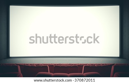 Movie theater with empty seats and big white screen. With color filter. 3d render
