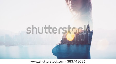 Closeup of businesswoman. Double exposure, city and bay on the background. Blurred background, horizontal