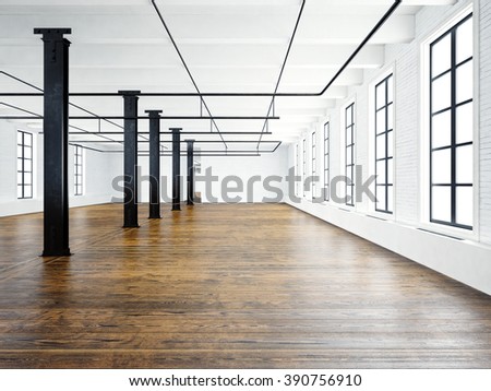 Photo of empty museum interior in modern building.Open space loft. Empty white walls. Wood floor, black beams,big windows. Horizontal, blank mockup. 3d rendering