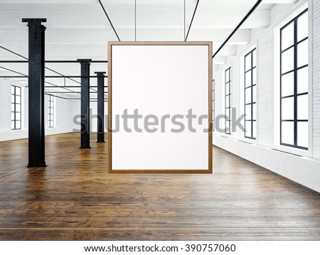 Photo of empty interior in modern loft. Open space loft.Empty white canvas hanging on the wood frame. Wood floor, bricks wall,big windows, black beams. Horizontal, blank mockup. 3d rendering