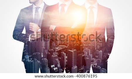 Photo of trio stylish adult businessman wearing trendy suit. Double exposure, panoramic view sunset contemporary city background. Man power, leadership, isolated on white. Horizontal