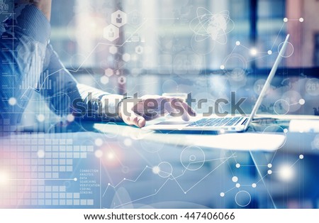 Man Typing Keyboard Laptop Hand.Project Manager Researching Process.Business Team Working Startup modern Office.Global Strategy Virtual Icon.Innovation Graphs Interfaces.Analyze market stock.Blurred